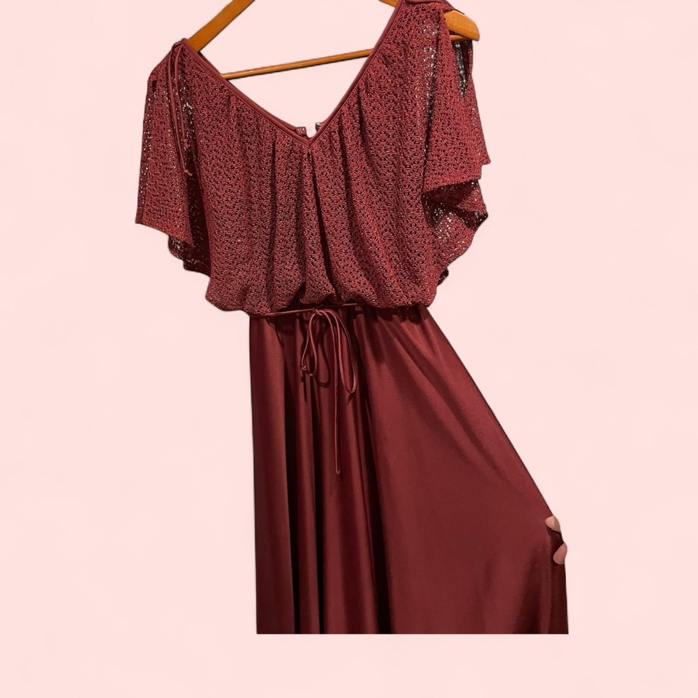 Vintage 70’s glam boho burgundy crochet top open shoulder maxi dress tie belt